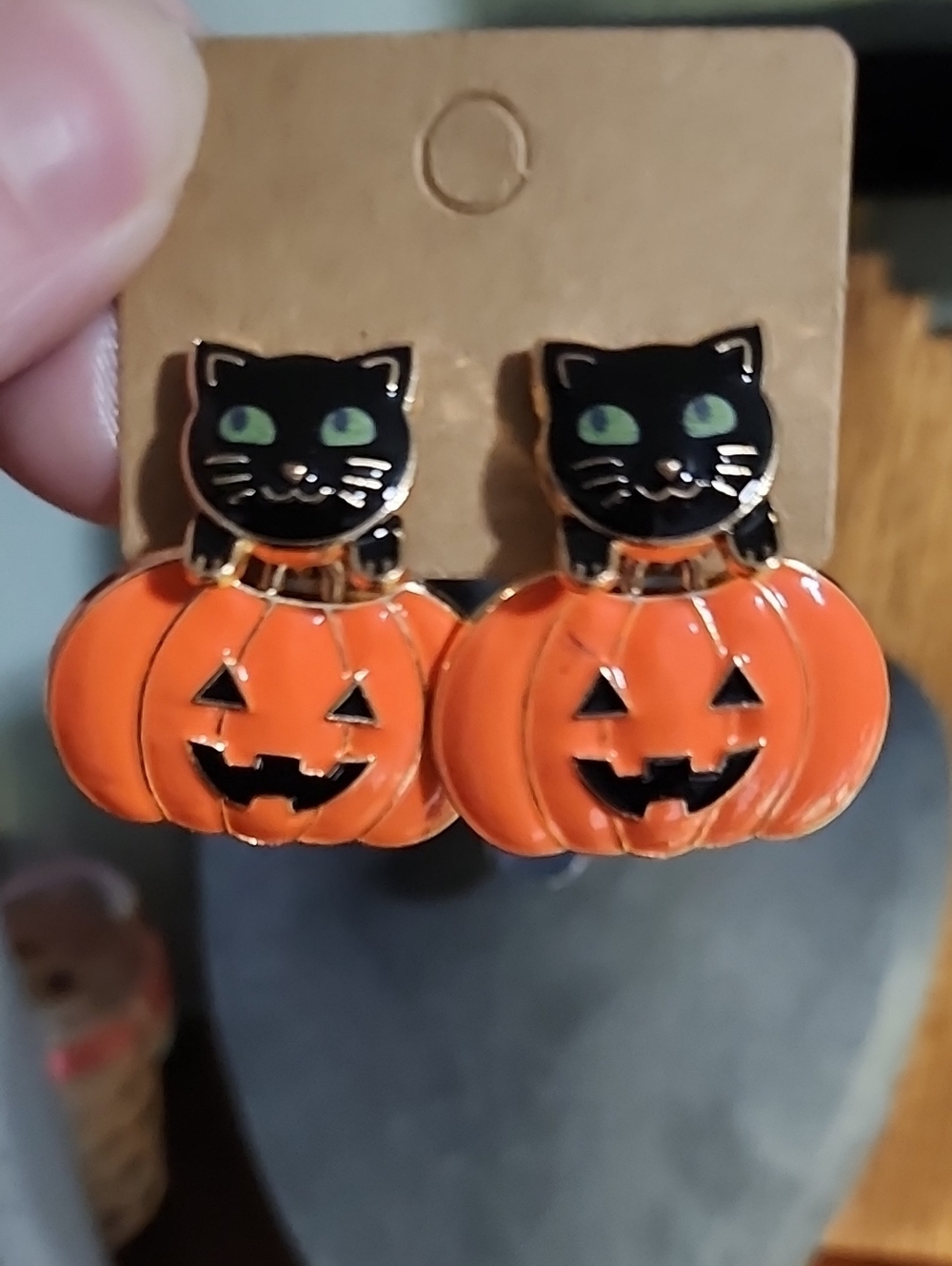Black Cat on Orange Pumpkin Halloween Cat Earrings